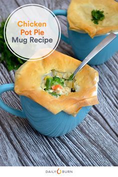 chicken pot pie mug recipe in a blue bowl with a spoon inside and the title overlay reads chicken pot pie mug recipe