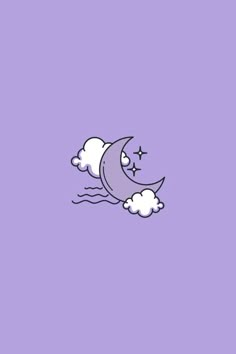 a cartoon moon with clouds floating in the sky on a purple and white wallpaper