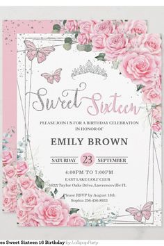 a birthday party with pink roses and butterflies on the front, and an ornate frame in the middle