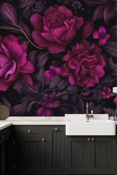 Image of a fuchsia pink wallpaper with a velveteen dark moody flowers pattern from HappyWall. Black And Pibk Wallpaper, Black And Pink Wallpaper For Bedroom, Dark Blue And Pink Wall Paper, Large Floweral Wallpaper In Mansion, Purple Interior Wallpaper, Wallpaper An Accent Wall, I Love Wallpaper Uk Bedroom, Moody Bedrooms Romantic Wallpaper, Bathroom Wallpaper Roses