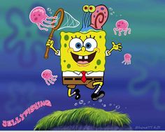 the spongebob character is jumping over an island with jellyfish and other marine creatures