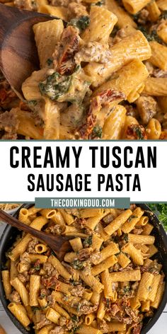 Close-up of Tuscan sausage pasta on a wooden spoon and in a skillet. Creamy Tuscan Sausage Pasta, Tuscan Sausage Pasta, Tuscan Sausage, Sausage Pasta Recipe, Sausage Spinach Pasta, Tuscan Pasta, Sausage Pasta Recipes, Creamy Garlic Sauce