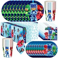 the pj masks party pack includes cupcakes, napkins and paper plates