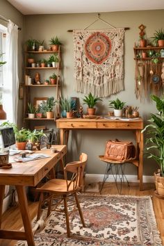 a room filled with lots of potted plants next to a wooden table and chair