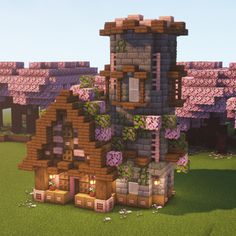 an image of a house made out of wood and bricks in the middle of a field