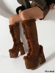 Olivia Mark - Ladies' Khaki Boots with Knee Length and Hearty Soles Khaki Boots, Hak Tinggi, Boots Fur, Womens High Boots, Furano, Dramatic Style, Goth Women, Platform Block Heels, Warm Boots