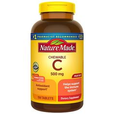 Nature Made Chewable Vitamin C 500 mg is a dietary supplement that helps support immune health, provides antioxidant support, and aids in iron absorption. Sourced from high-quality ingredients, this Vitamin C supplement has delicious orange-flavored Vitamin C chewable tablets with no color added and no artificial flavors. This is an antioxidant supplement with 500mg Vitamin C for adults. One Vitamin C tablet provides Vitamin C 500mg to support collagen synthesis and overall skin health. Adults, Nature Made Vitamins, Iron Absorption, Chewable Vitamins, Vitamin C Tablets, Vitamin Brands, Vitamin C Supplement, Beauty Supplement, Well Balanced Diet, Medical Kit