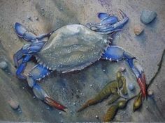 a painting of a blue crab on the beach