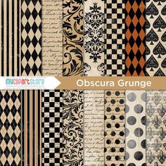 an assortment of black and white digital papers with checkered, damasked patterns