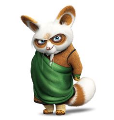 a cartoon character dressed like a fox with blue eyes and a green shirt on, standing in front of a white background