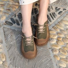 Genuine Leather Lace up Oxfords For Women Handmade Soft Flats in Green/Coffee Oxfords For Women, Mori Girl Fashion, Oxford Boots, Free Style, Western Cowboy Boots, Flat Boots, Rubber Heels, Leather Lace, Tall Boots