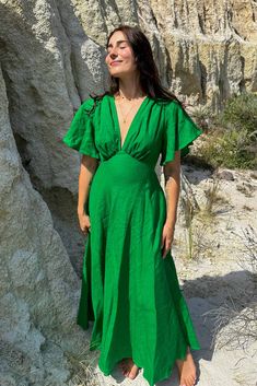 Athena Green Dress Dress With Butterfly Sleeves, Bias Dress, Green Linen Dress, Athena Dresses, Forest Green Dresses, Emerald Dresses, Slim Hips, Bias Cut Skirt, Puff Sleeve Dresses