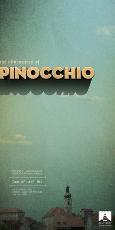 the movie poster for pinocchio is shown in front of a cityscape