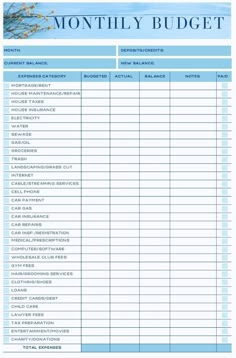 a printable budget sheet with the words, month and year on it in blue