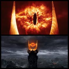 two pictures of the same scene in different scenes, one with an eye and another with flames