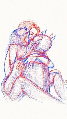 a drawing of two people hugging each other with red and blue lines in the background