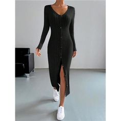 -Item Id 20890309 -Details: Button, Rib-Knit -Neckline: V Neck -Sleeve Type: Regular Sleeve -Style: Casual -Type: Fitted -Waist Line: Natural -Hem Shaped: Straight -Color: Black -Pattern Type: Plain -Sleeve Length: Long Sleeve -Fit Type: Slim Fit -Length: Midi -Material: Knitted Fabric -Composition: 95% Polyester, 5% Elastane -Care Instructions: Hand Wash Or Professional Dry Clean -Sheer: Semi-Sheer -Fabric: Slight Stretch **Open To Offers!!!** **Bundle To Save More** **30% Off Bundles Of 2 Or M Dresses Spring, Button Up Dress, Sheer Fabrics, Khaki Green, Boutique Dresses, Black Pattern, Spring Dresses, Sleeve Styles, Rib Knit