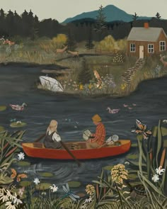 a painting of two people in a boat on a lake with ducks and other animals