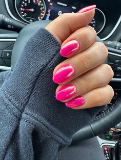 Hot Pink Chrome Acrylic Nails, Barbie Nails Short Almond, Chrome Over Pink Nails, Summer Nails 2023 Natural, Hot Pink Chrome Nails Square, Solid Hot Pink Nails, Hot Pink Glazed Donut Nails, Hot Pink Shellac Nails, Hot Pink Hoco Nails