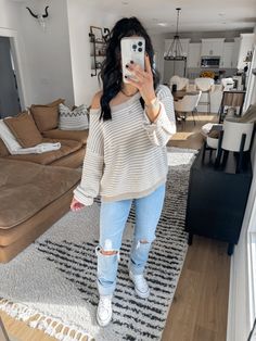 sweater outfits | sweater weather | sweaters for women | fall sweaters | fall sweater outfits | fall sweaters aesthetic | fall sweaters for women | fall outfits women | fall outfits aesthetic | fall outfit ideas | fall outfits 2024 | fall outfits women 2024 | casual fall outfit ideas for women | everyday fall outfit ideas | causal fall outfits | comfy casual outfits for women | double knee ripped jeans outfit fall | abercrombie 90s straight leg jeans outfit fall | neutral striped oversized sweater outfit fall | white leather platform converse sneakers outfit | fall running errands outfit ideas Cute Mom Outfits Fall, Fall Ankle Boots Outfit, Fall Errands Outfit, Straight Leg Jeans Outfits Fall, 90s Straight Leg Jeans Outfit, Fall Sweaters Aesthetic, Fall Outfits Comfy Casual, Outfit Ideas Causal, Ripped Jeans Outfit Fall