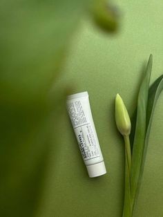 a tube of lip balm next to a tulip on a green tablecloth