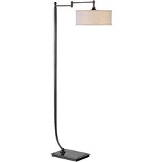 a black floor lamp with a white shade on the base and a square light fixture