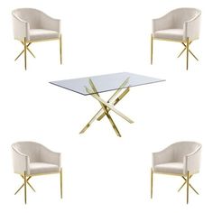 four white chairs and a glass table with gold legs