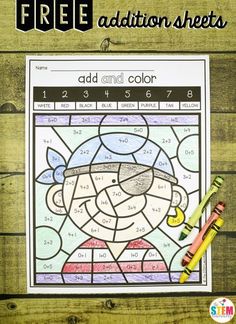 a free addition sheet for the color by number addition sheets with crayons and pencils