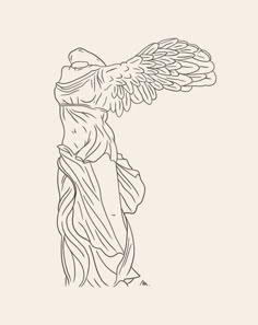 a drawing of an angel with wings on it's head and arms, standing in front of a white background