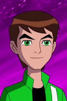 an animated man with green eyes standing in front of a purple background