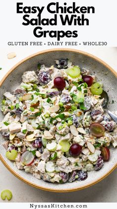 an easy chicken salad with grapes in a bowl