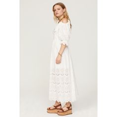 White cotton (100% Cotton). Shift. 3/4 Sleeves. V-neck. Pull on. 53" from shoulder to hemline. Imported. Chic Cotton Midi Dress With 3/4 Sleeves, Spring Cotton Midi Dress With 3/4 Sleeves, Ulla Johnson Dress, White Off Shoulder, Rent The Runway, Cotton Maxi, Eyelet Dress, Eyelet Lace, Size 8 Dress