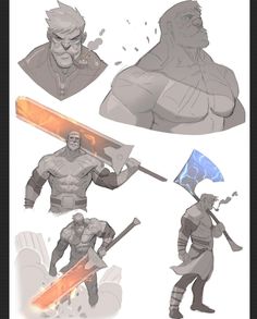 the concept art for an upcoming video game is shown in three different poses, including a man