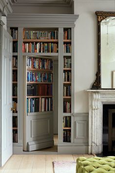 a living room filled with lots of books on top of a hard wood floor next to a fire place