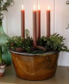 a potted plant with candles in it sitting on a table