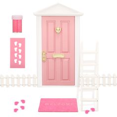 a doll house with a pink door and white picket fence surrounding it, including a welcome mat