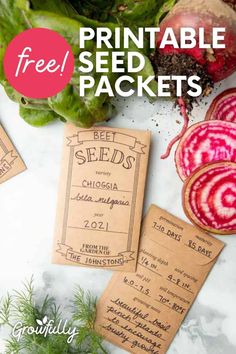 seed packet with the text free printable seed packets on it, surrounded by vegetables and herbs