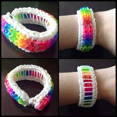 four different types of bracelets on a person's arm, all in rainbow colors