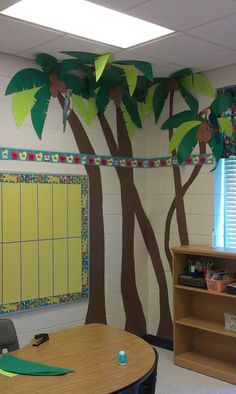 a classroom with palm trees painted on the wall