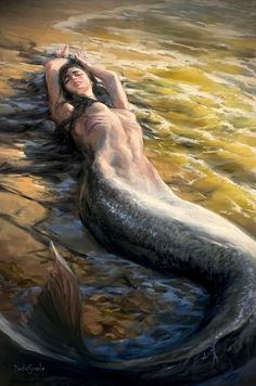 a painting of a mermaid laying in the water with her long hair pulled back and eyes closed