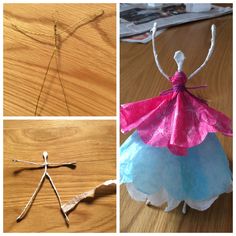 three pictures of different types of paper clothes and knitting needles on a wooden table, including an origami doll