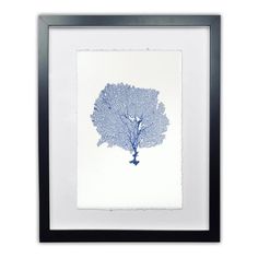 a blue and white drawing of a tree in the middle of it's frame