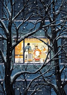 a man and woman sitting at a table in front of a window with snow falling on the ground