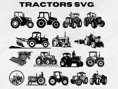 tractor silhouettes are shown in black and white, with the words tractors svg above them