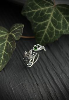 ITEM DESCRIPTION: The size of ring 7 (US and Canada) O (UK and AU) I can make it any size you want - just mark your size in the order Weight - 2 g. This botanical ring with ivy leaves looks so delicate and dainty. I made it of sterling silver and dark green chrome diopside. This Elven ring will be a great addition to your jewelry collection or a special piece for Engagement. This handmade ring will come to you in a gift box - ready for gifting. The parcel will be sent 1-2 days after payment. Del Silver Rings With May Birthstone For Proposal, Silver Proposal Ring With May Birthstone, Unique Green Promise Ring, Ursula Jewelry, Elven Ring, Moon Phase Jewelry, Botanical Ring, Sister Rings, Wax Ring