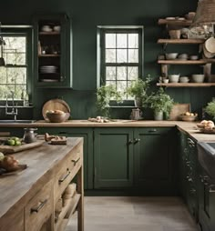 a kitchen with green cabinets and wooden counters