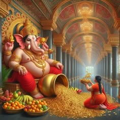 a painting of an elephant sitting on top of a pile of gold coins next to a woman