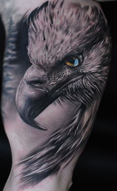 an eagle tattoo on the arm with blue eyes