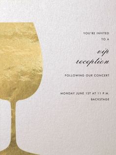 a white and gold party card with a wine glass in the middle, on top of it