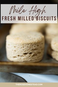 fresh milled biscuits on a baking sheet with text overlay that reads, milk high